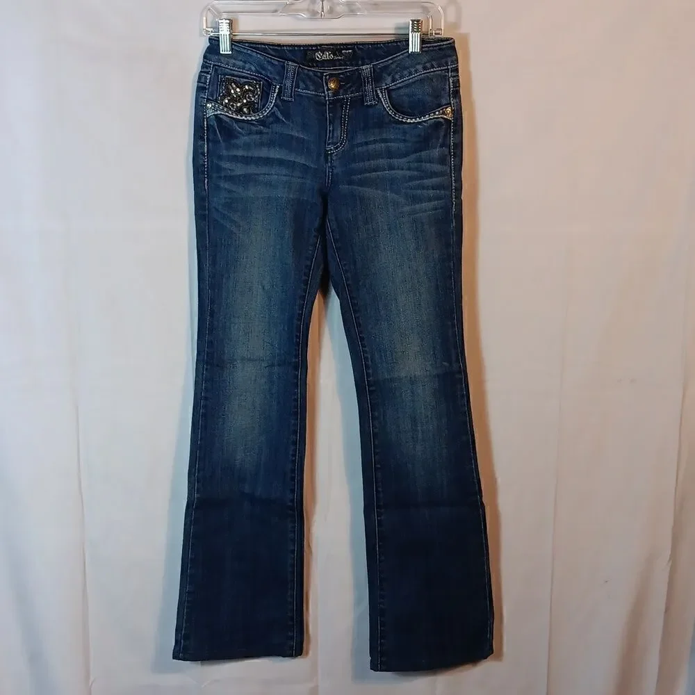 Cello Embellished Flap Pockets Stretch Denim Low Rise Jeans